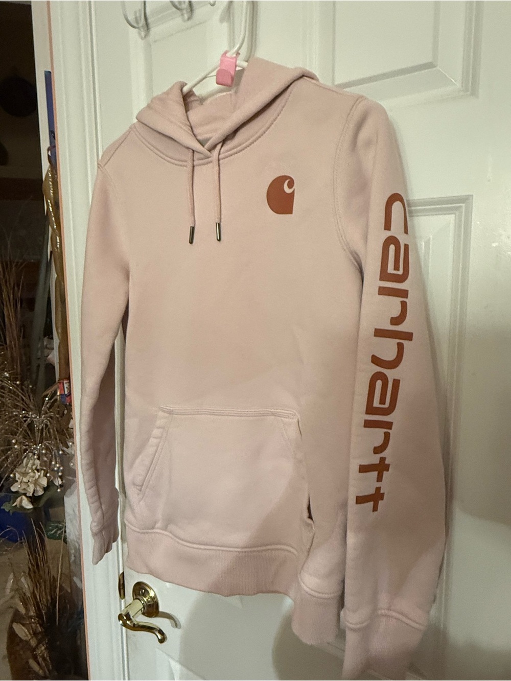 Carhartt Pale Pink Hoodie with Rust Logo size XS ladies
